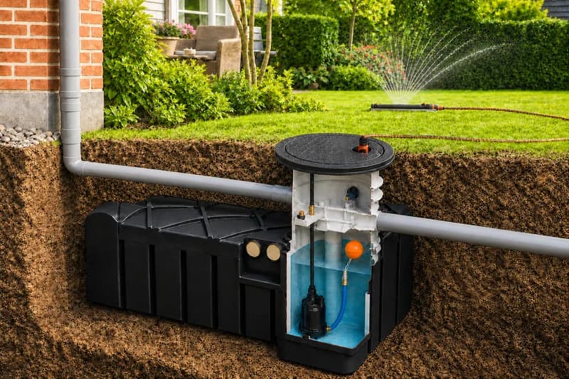 Regenwatersysteem met platte tank in de tuin
