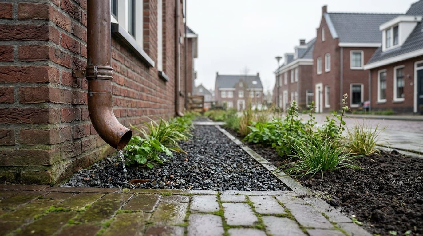 Regenwater stroomt uit een goot de grond in