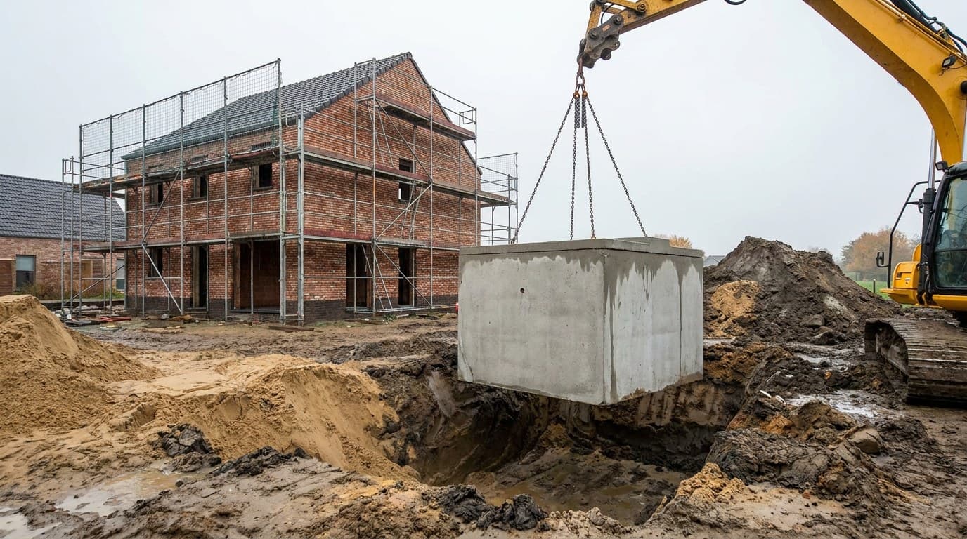 Een Belgische nieuwbouwstraat waar een betonnen regenwaterput in een uitgegraven put wordt geplaatst