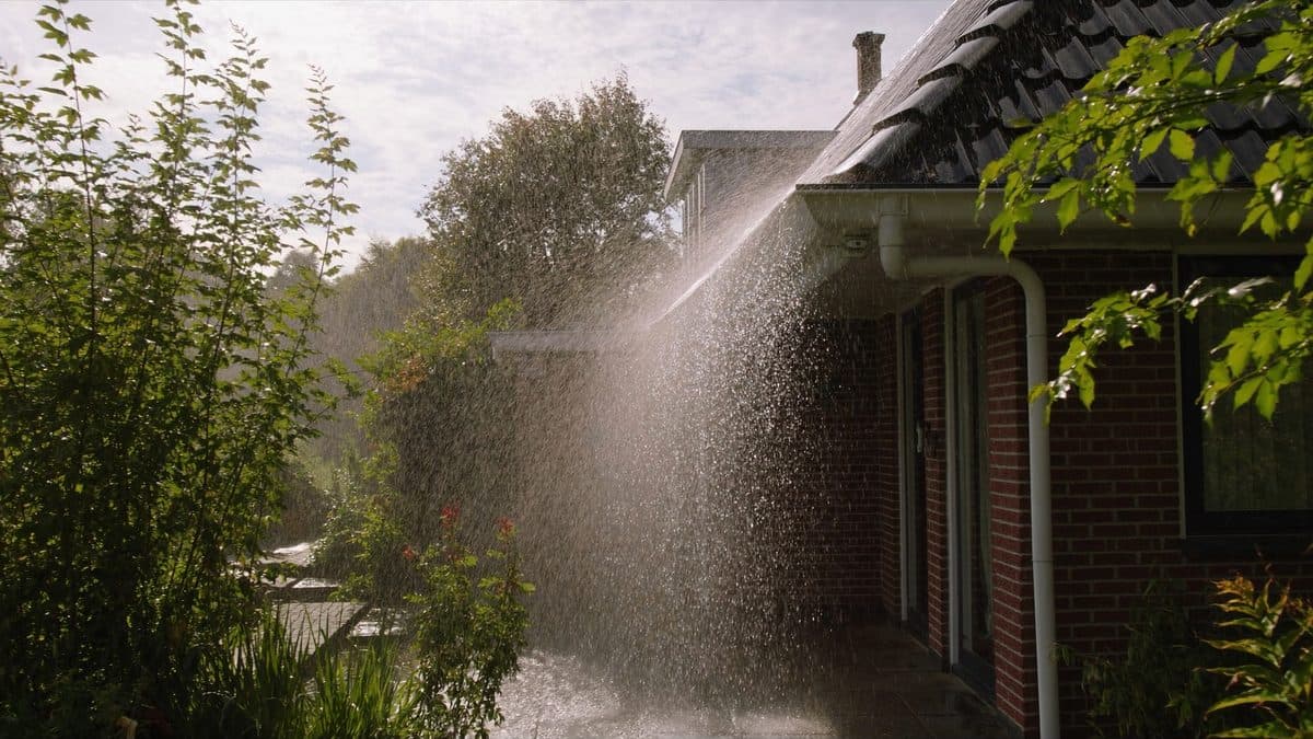 Regen stort in tegenlicht van een Nederlands pannendak langs de goot en de regenpijp naar beneden