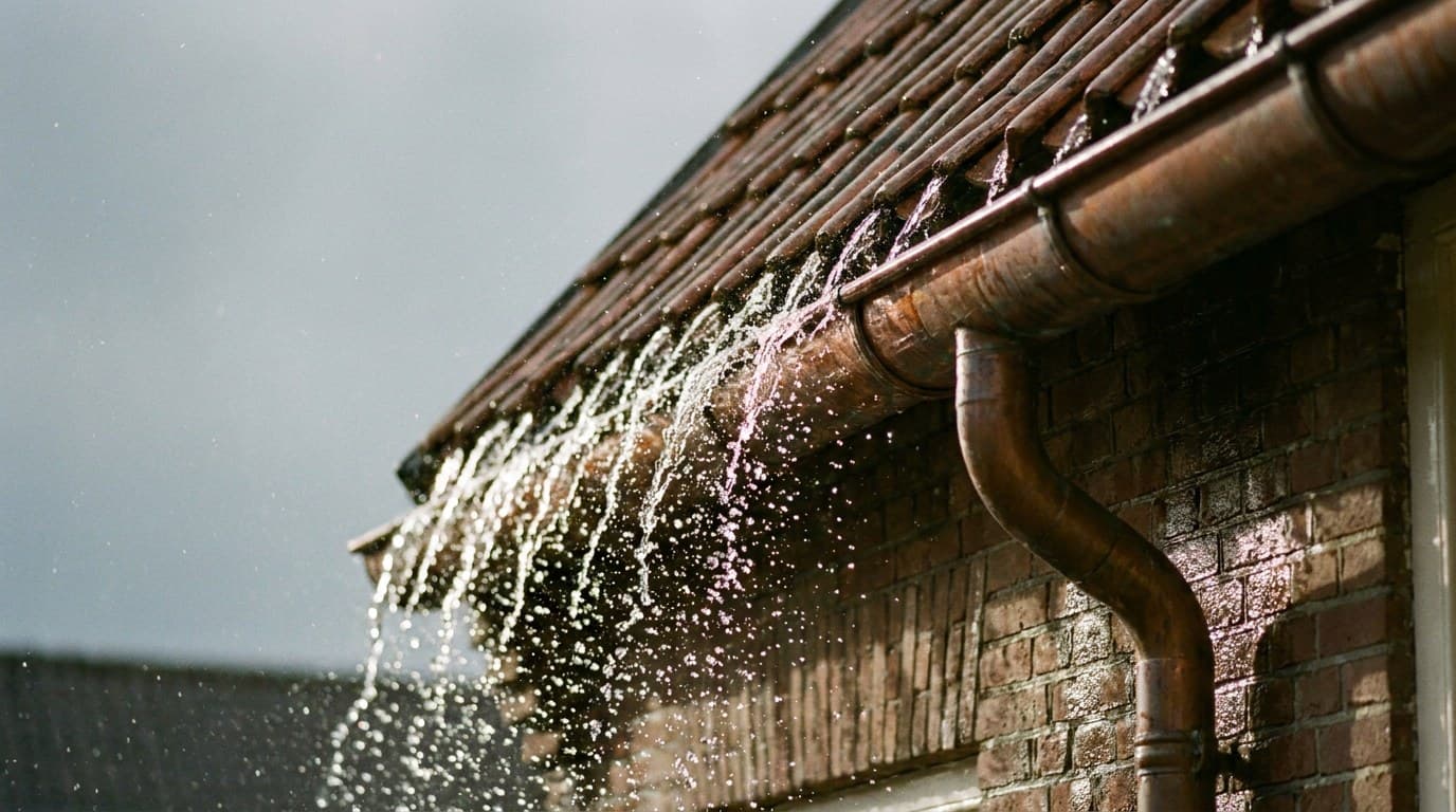 Regen stort in tegenlicht van een Nederlands pannendak langs de goot en de regenpijp naar beneden