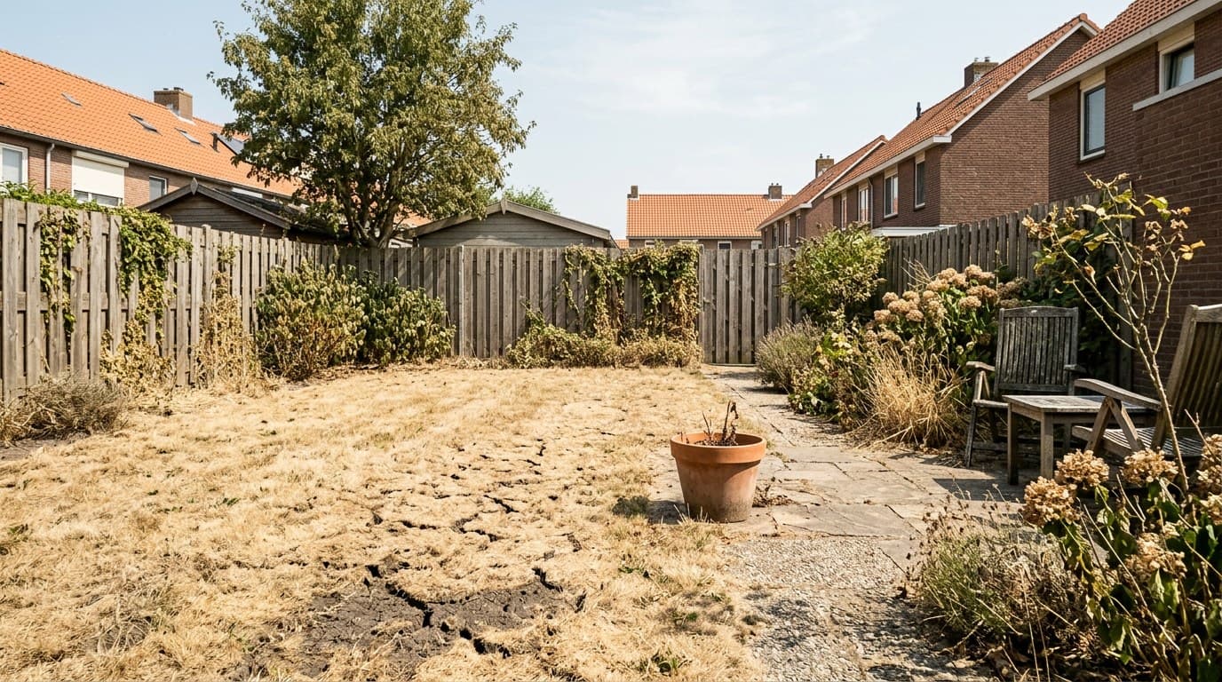 Verdorde gele gazon in een Nederlandse achtertuin met schutting en ongebruikte tuinslang op een hete zomerdag