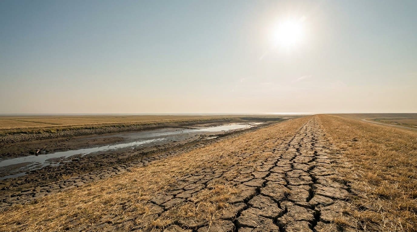 Verdroogd Nederlands polderlandschap met gebarsten dijkklei en een bijna droge sloot onder een felle zomerzon