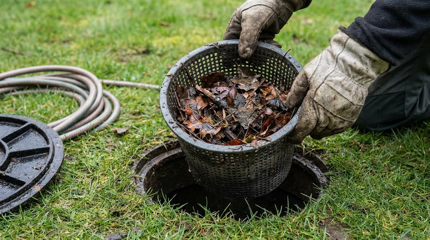 Handen met werkhandschoenen leeghalen een filterkorf vol natte herfstbladeren