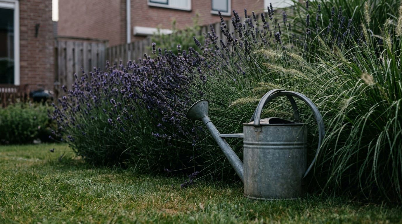 Water klettert uit een tuinkraan in een zinken gieter, met een groene tuin op de achtergrond
