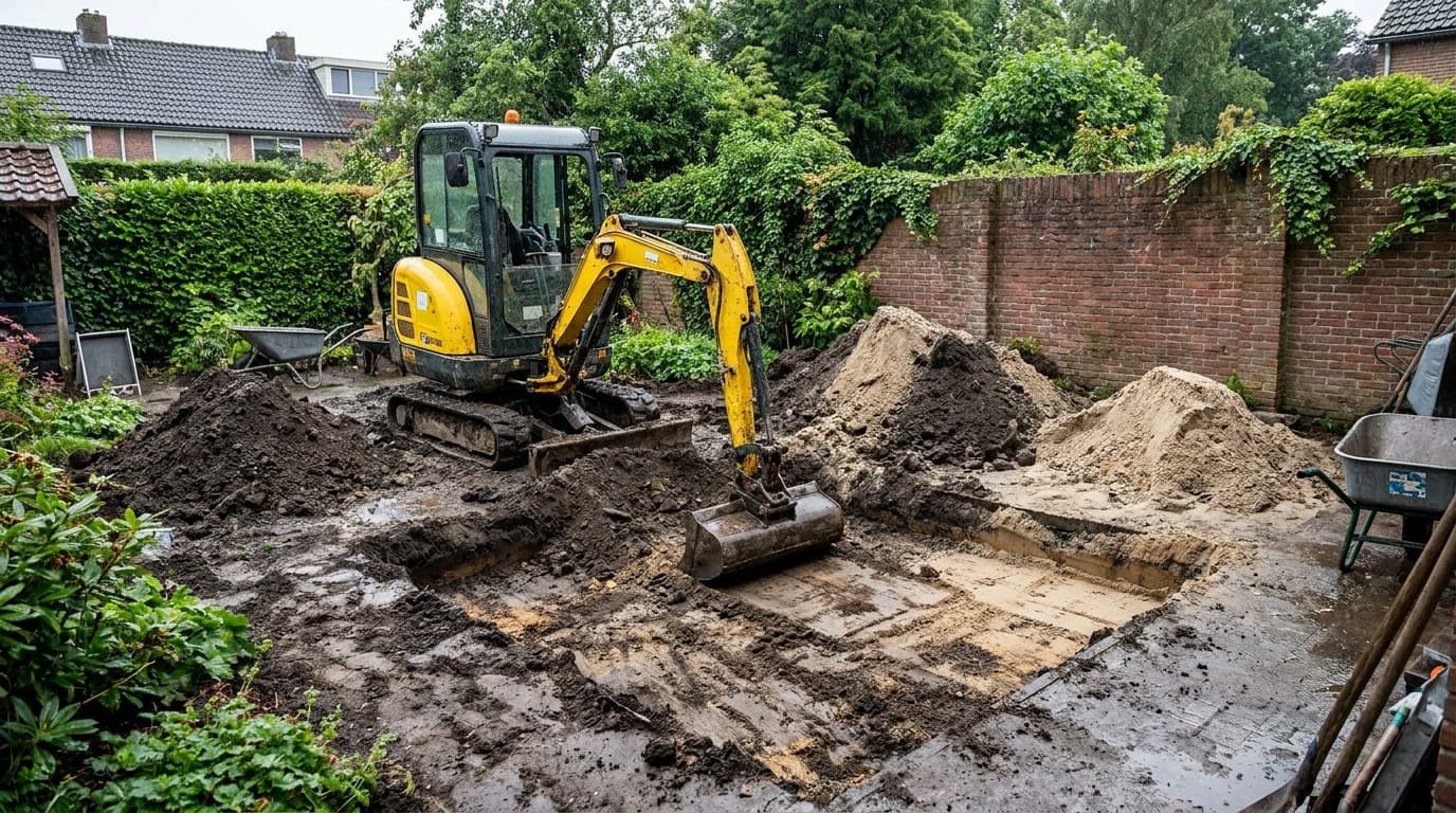 Een minigraafmachine graaft een put in een Nederlandse achtertuin met schutting en zandhopen