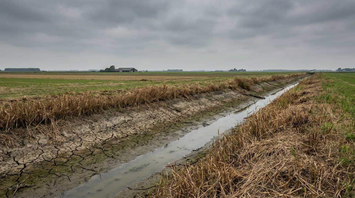 Een gegraven greppel in een Nederlandse achtertuin waarin het grondwater is opgekomen en blijft staan