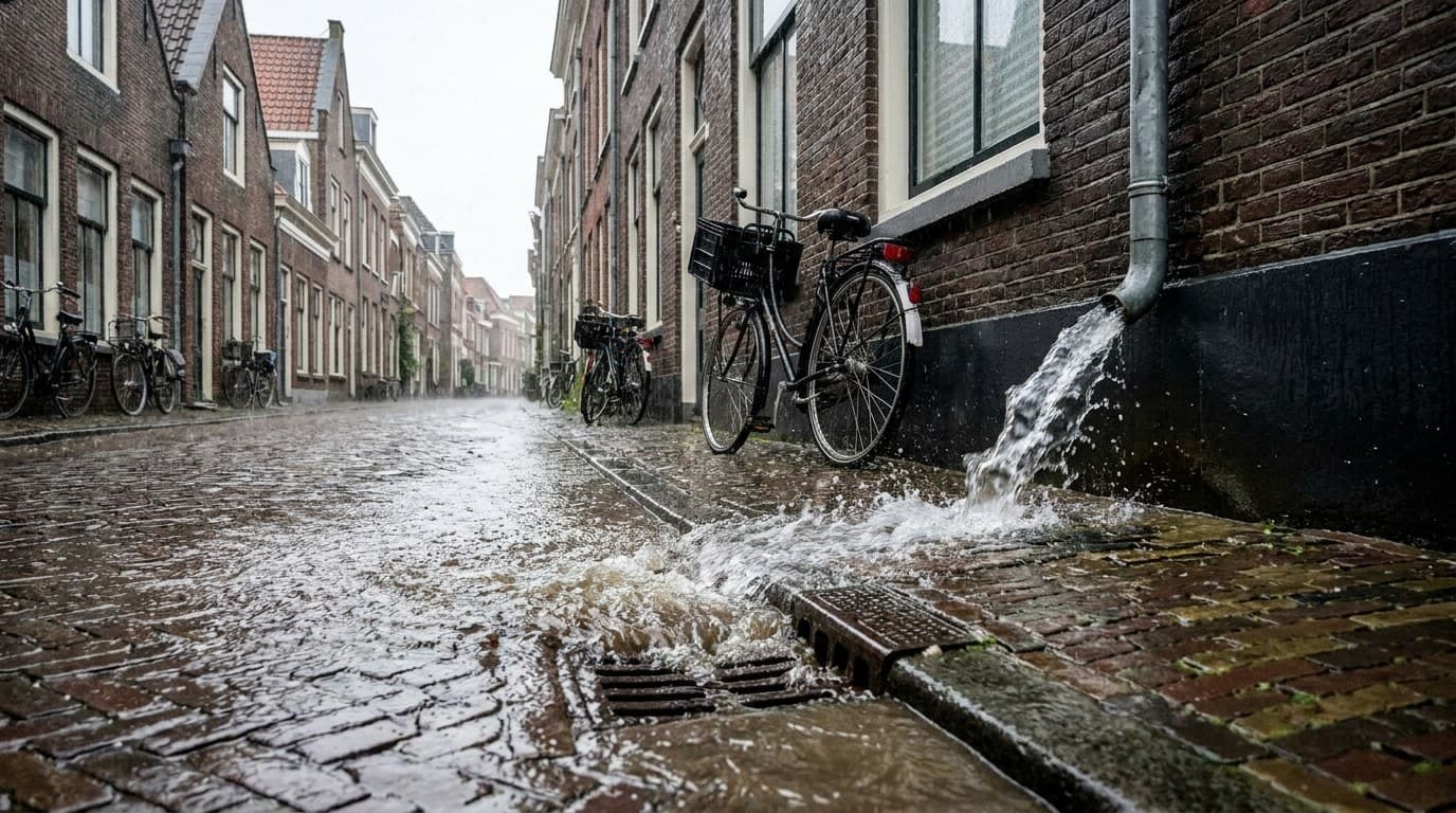 Regenwater klettert uit een regenpijp op een Nederlandse straat die al blank staat tijdens een hoosbui