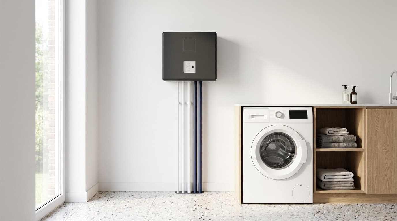 Wasmachine met wasgoed in een lichte bijkeuken