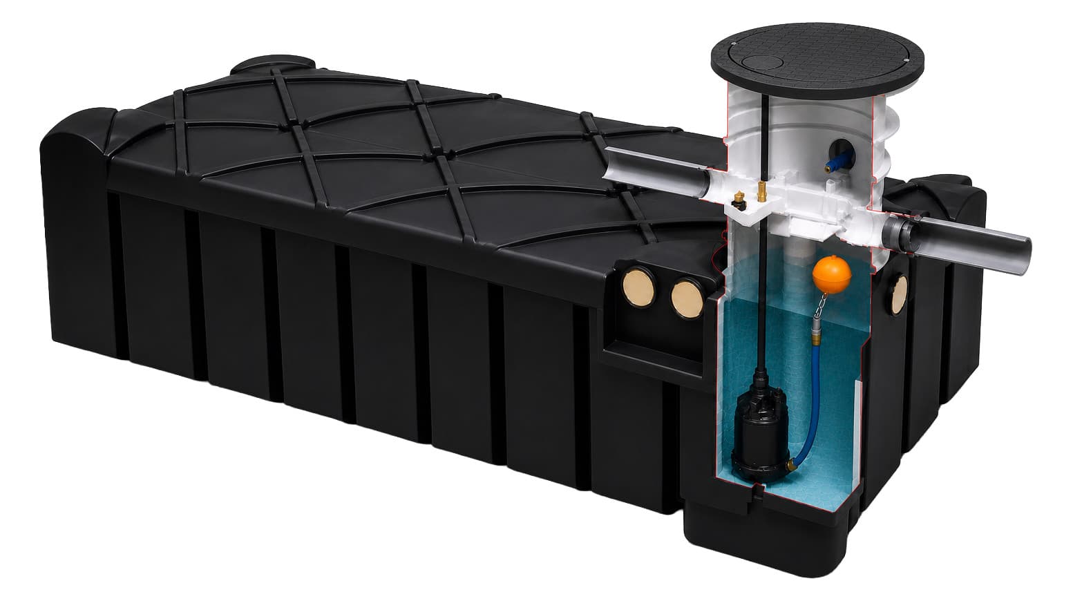 Opengewerkte platte regenwatertank met filter, pomp en drijvende aanzuiging