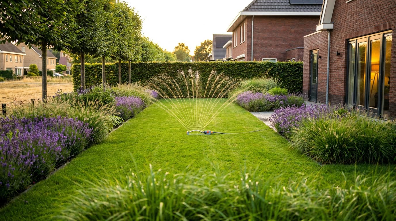 Groene tuin met draaiende sproeier op eigen opgevangen regenwater