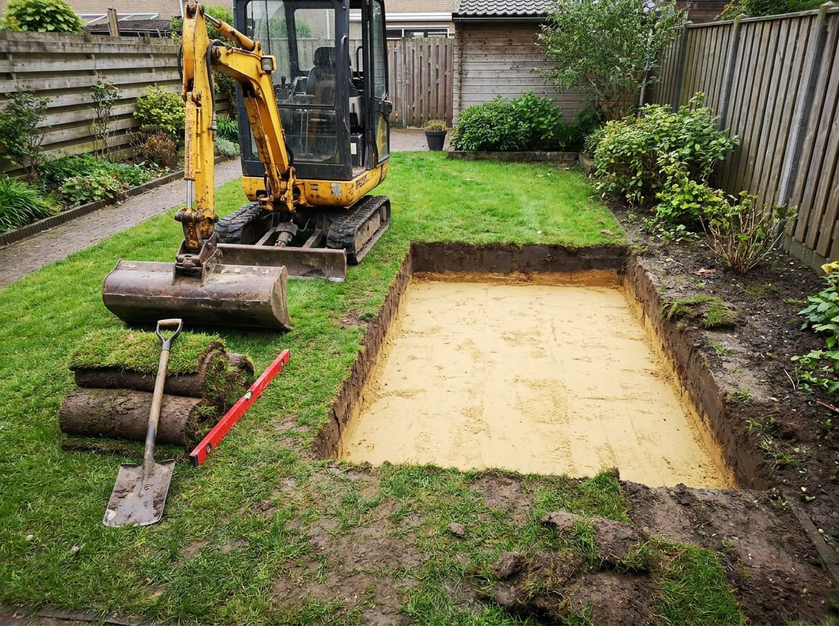 Ondiepe uitgraving voor een platte regenwatertank