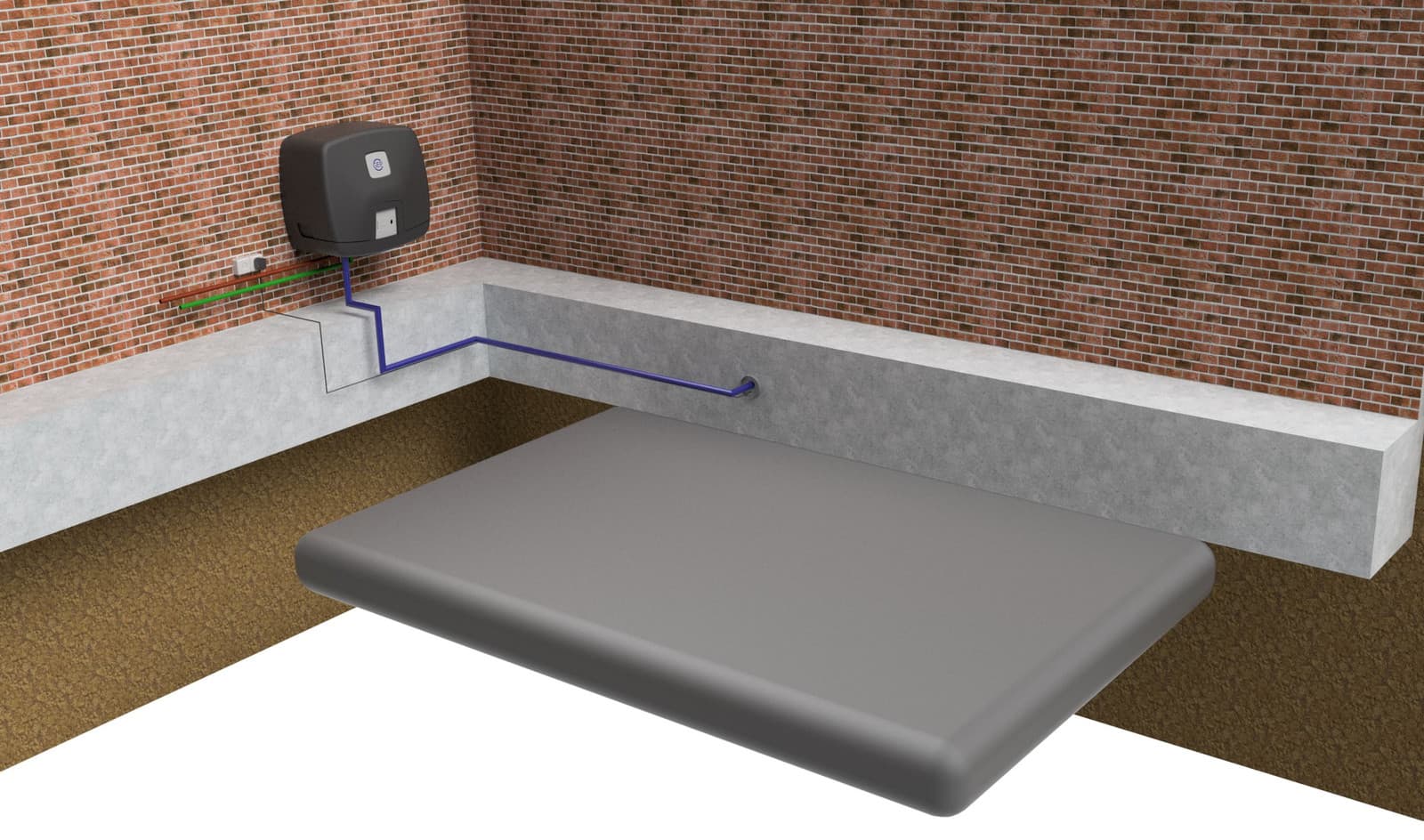 Waterzak in de kruipruimte met de watermanager aan de muur en de aanzuigleiding naar de zak
