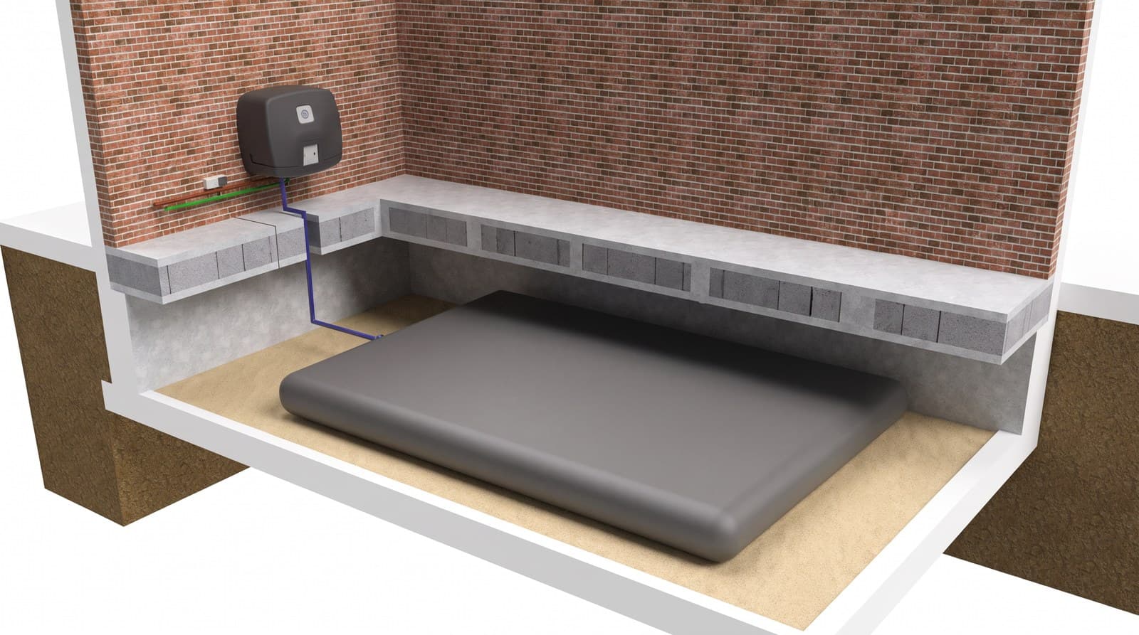Waterzak in de kruipruimte met de watermanager aan de wand