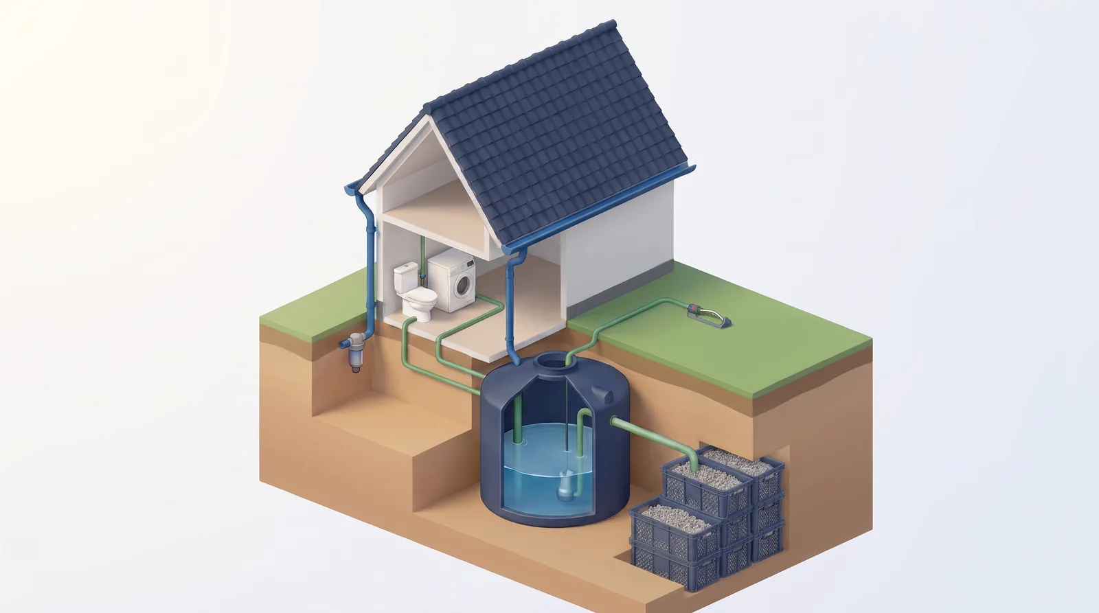 Doorsnede van een regenwatersysteem: regen valt op het dak, loopt via het filter de ondergrondse tank in, en de pomp voedt daarmee de wc, de wasmachine en de tuinsproeier. Het teveel zakt via infiltratie de bodem in.
