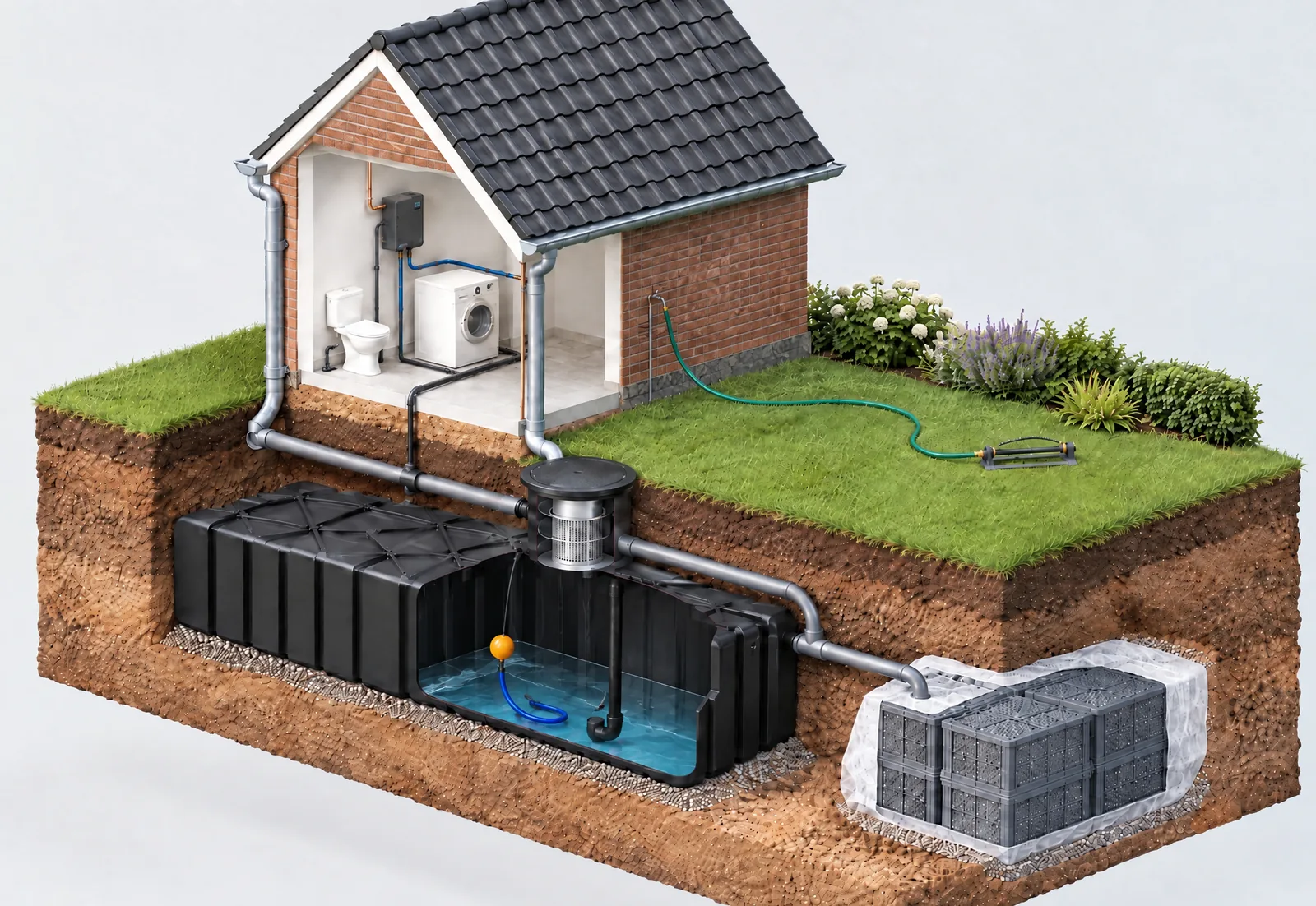 Doorsnede van een huis met regenwatersysteem: beide regenpijpen lopen via één leiding naar het filter op een platte tank onder het gazon, een drijvende aanzuiging voert het water naar de watermanager in de bijkeuken voor wc, wasmachine en buitenkraan, en de overloop gaat naar infiltratiekratten.